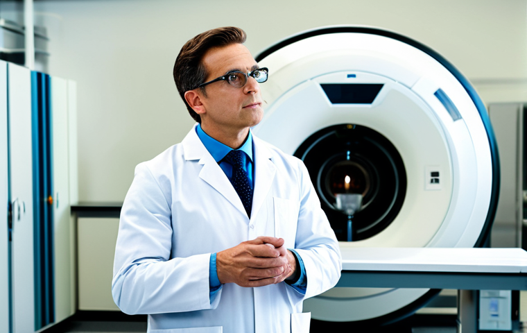 A professional scientist in a modest lab coat and appropriate attire, observing a small superconductor levitating effortlessly above a strong magnet on a clean, modern lab bench. The background subtly features a high-tech Magnetic Resonance Imaging (MRI) machine, highlighting current applications of superconductivity in medicine. The scene is well-lit, emphasizing the scientific marvel. safe for work, appropriate content, fully clothed, professional, perfect anatomy, correct proportions, natural pose, well-formed hands, proper finger count, natural body proportions, professional photography, high quality.