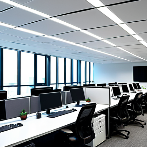 Home 26 Modern Office with Energy-Efficient LED Lighting**
"A brightly lit, modern office space showcasing energy-efficient LED lighting. Focus on sleek LED panel lights integrated into the ceiling and task lighting on desks. Several professionals are working diligently at their computers. The overall scene conveys a sense of productivity and environmental consciousness. Fully clothed, appropriate attire, safe for work, professional setting, perfect anatomy, natural proportions, high quality."
**