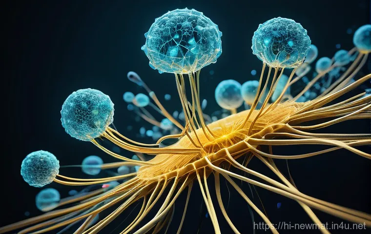 나노입자 응용 - **Prompt:** A microscopic, futuristic illustration of tiny, sophisticated nanobots, glowing with sof...