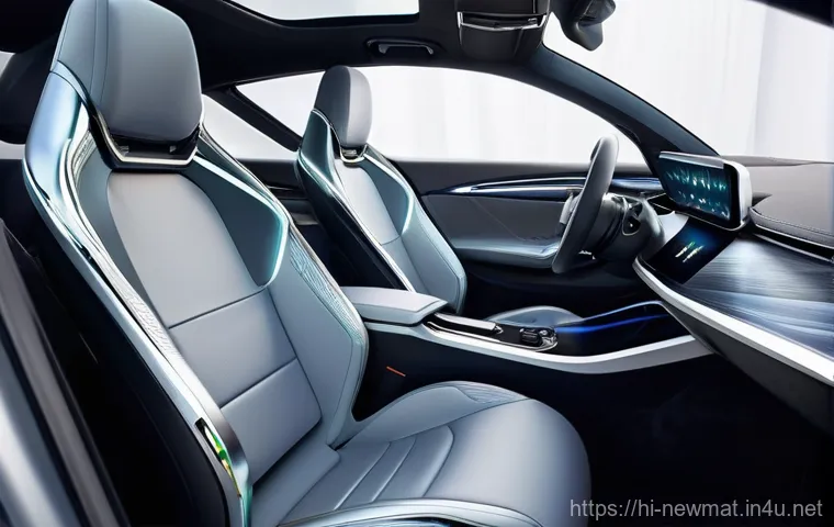 첨단 자동차 소재 - **Prompt: The inviting and sustainable interior of a compact autonomous electric vehicle. The dashbo...