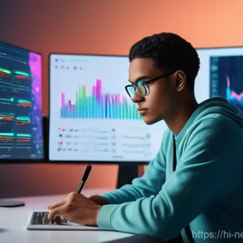 디지털 소재 - **Prompt:** A young, diverse adult (gender-neutral) sits at a modern desk, illuminated by the soft g...