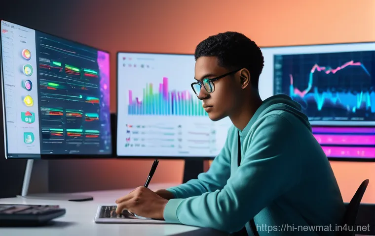 디지털 소재 - **Prompt:** A young, diverse adult (gender-neutral) sits at a modern desk, illuminated by the soft g...