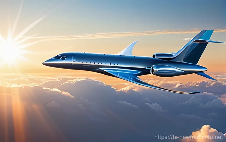 항공 우주 소재 - **Prompt:** A sleek, modern passenger aircraft with visible carbon fiber composite textures on its w...