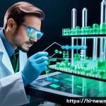 Home 17 나노기술 - A futuristic laboratory scene showcasing a scientist manipulating nanoscale atoms and molecules like...
