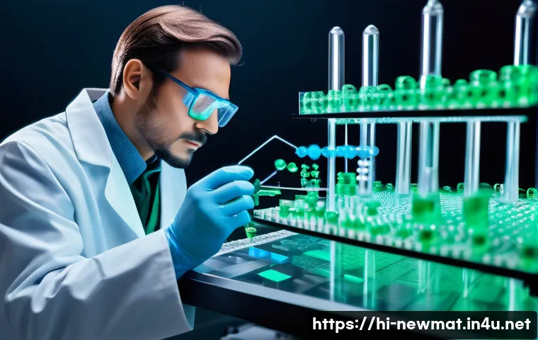 나노기술 - A futuristic laboratory scene showcasing a scientist manipulating nanoscale atoms and molecules like...