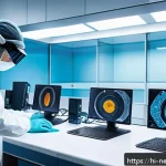 Home 21 나노복합재료 - A high-tech laboratory scene showcasing scientists in cleanroom suits working with advanced nanocomp...