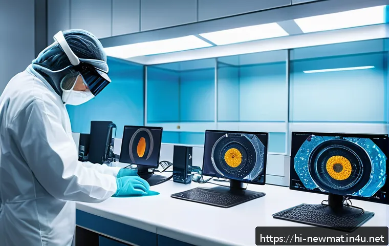 나노복합재료 - A high-tech laboratory scene showcasing scientists in cleanroom suits working with advanced nanocomp...