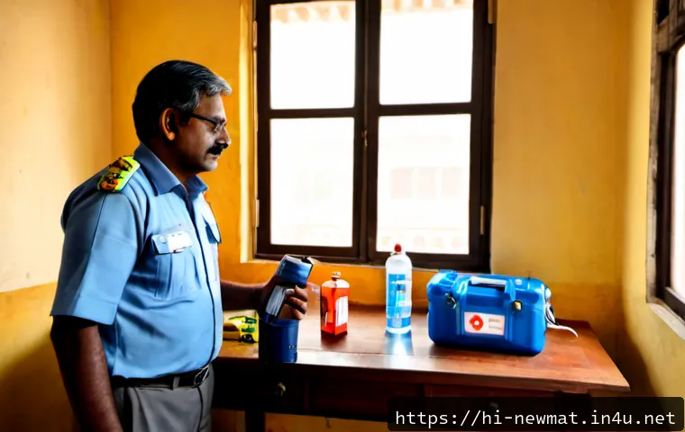 Home 17 자기구조체 - Photorealistic safety preparedness scene in an Indian apartment, a middle-aged Indian man calmly exa...