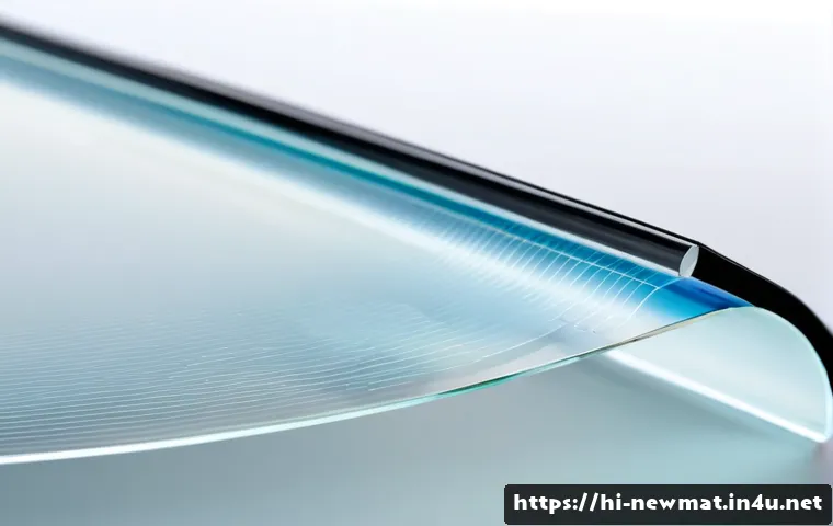 플렉시블 디스플레이 소재 - Photorealistic macro product scene of a transparent flexible display material bending smoothly over ...