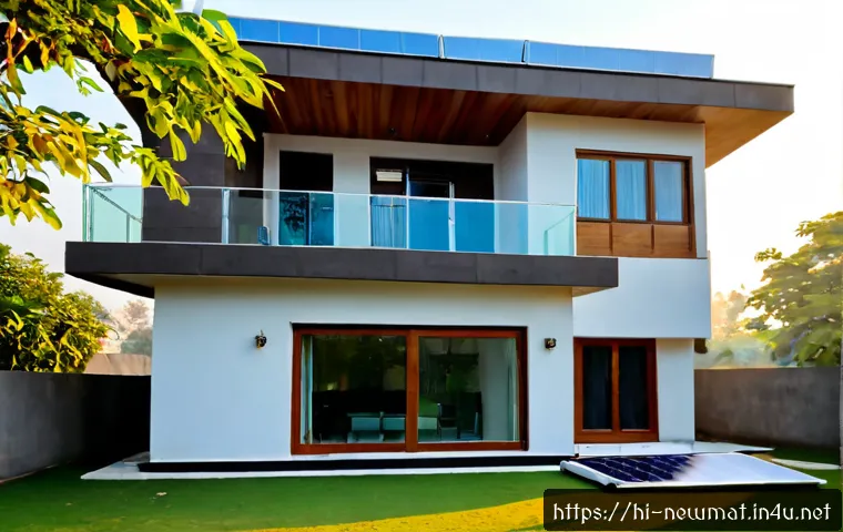 에너지 효율성 소재 - Photorealistic modern Indian home exterior in warm afternoon sunlight, a clear comparison of energy-...