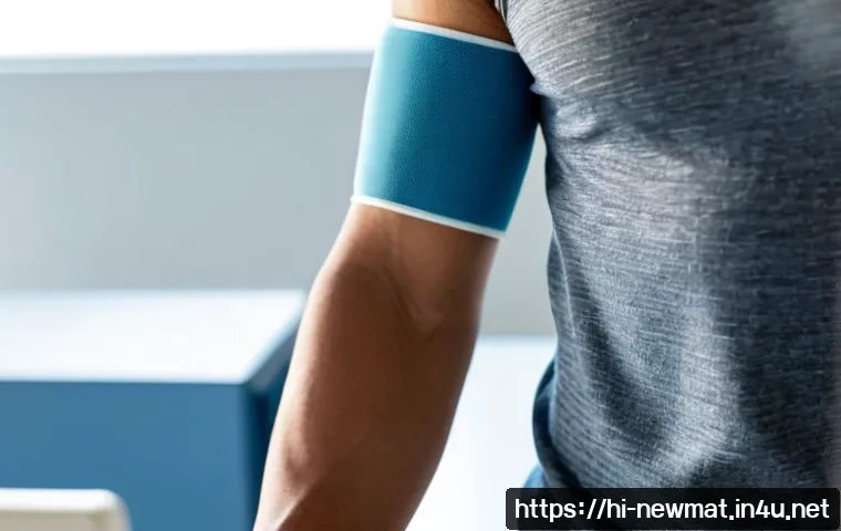 스마트 소재 - Photorealistic close-up of a flexible smart fabric sleeve wrapped around a human forearm, subtle emb...